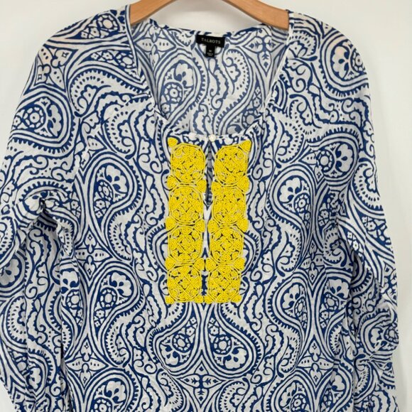 Talbots Long Sleeve Blouse blue pattern Yellow Beaded Embellishment size medium - Picture 6 of 11